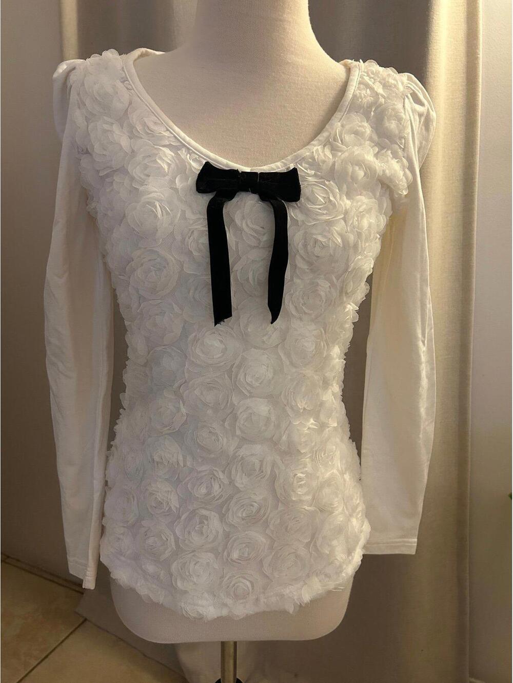 Dabuwawa White 3D Rose Floral Blouse Black Velvet Bow Coquette Long Sleeve XL